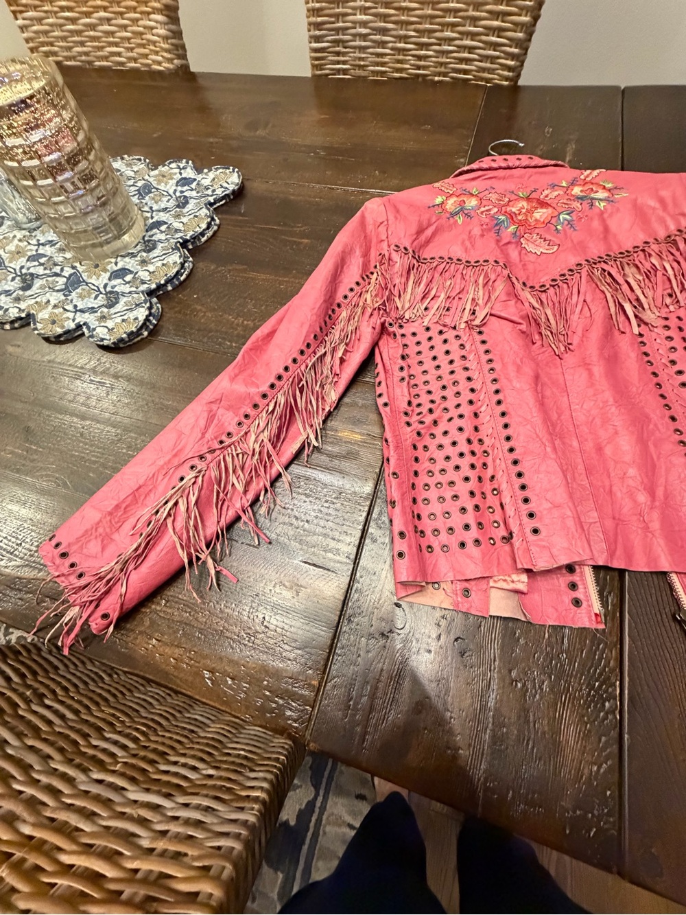 Double D Ranch Pink Embroidered Fringe Leather Jacket - Picture 7 of 11